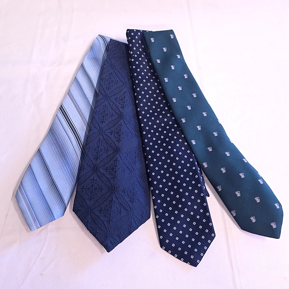 Vintage Necktie Lot of 4 Mens Tie Blue Teal Striped Geometric Novelty Preppy
